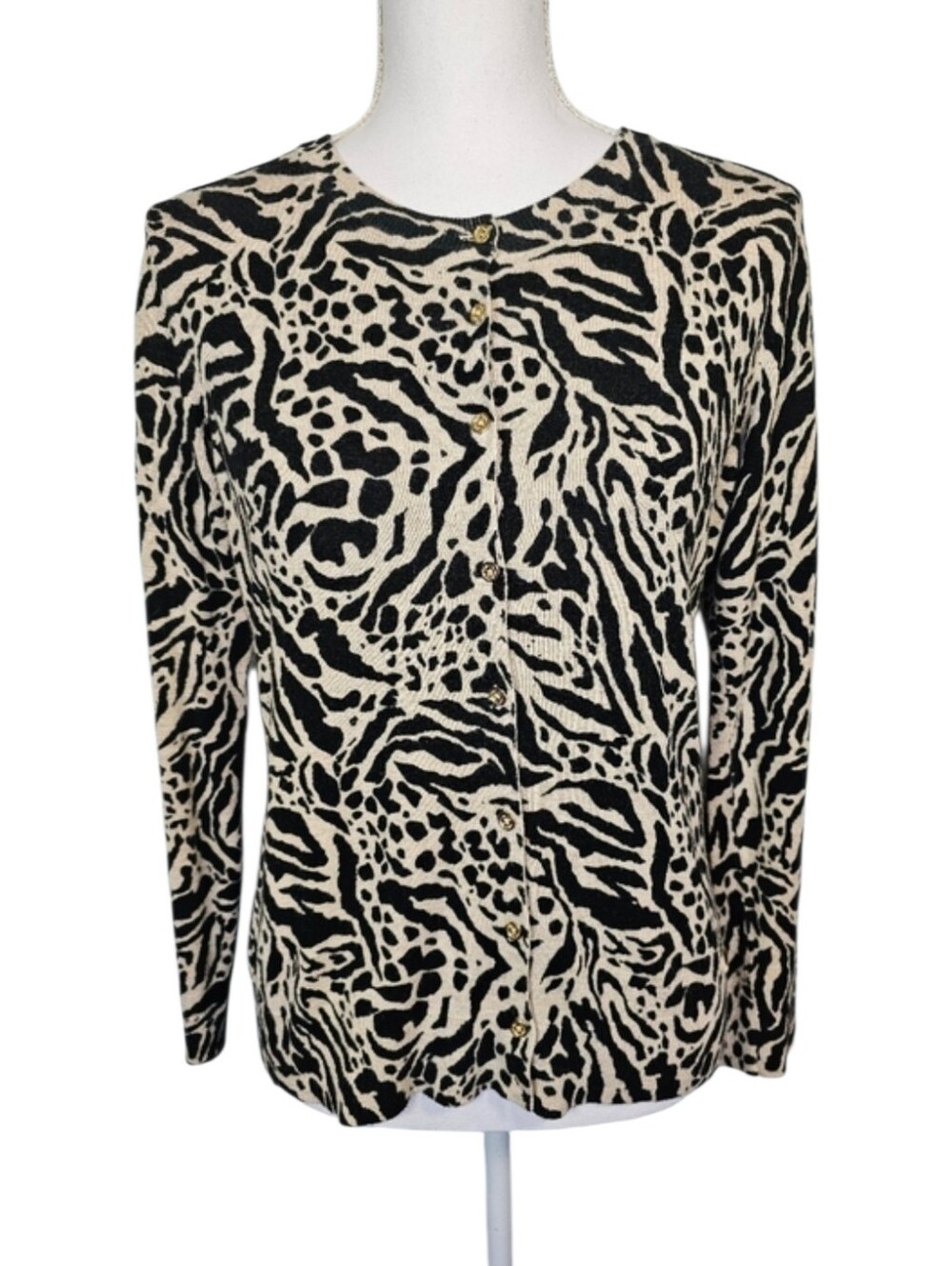 Calvin Klein Black Cream Leopard Zebra Print Gold Button Cardigan Women's Size S